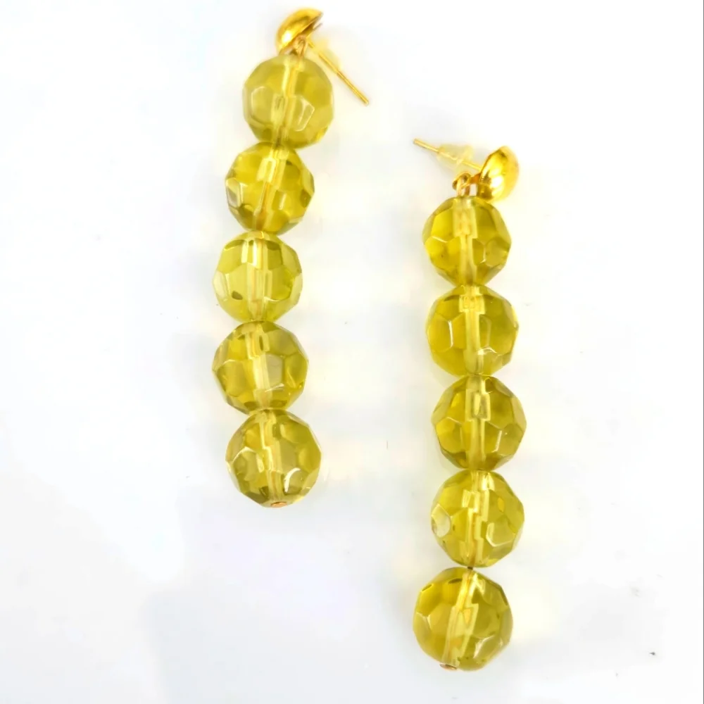 Gold Citrine Beaded Dangle Earrings Lemon Yellow